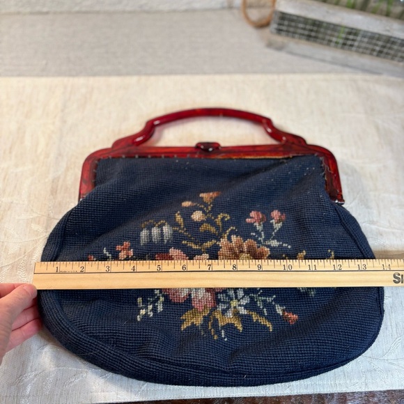 Vintage Sewing Tapestry Bag/Handbag with Bakelite Handle, Blue Floral. Clutch - Picture 3 of 16